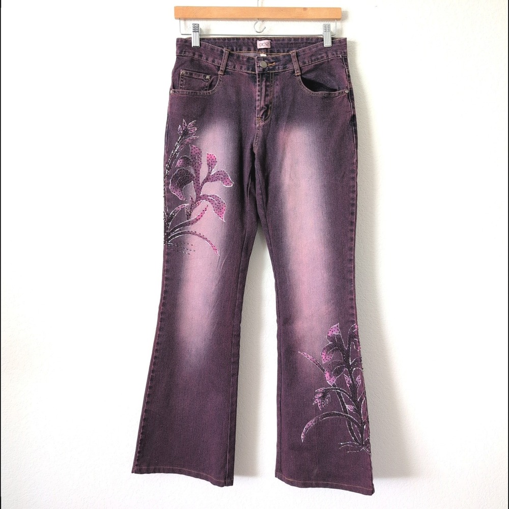 Cache Y2K Vintage Purple Beaded Rhinestone Flare Jeans Sz 6 Fairy Whimsy McBling
